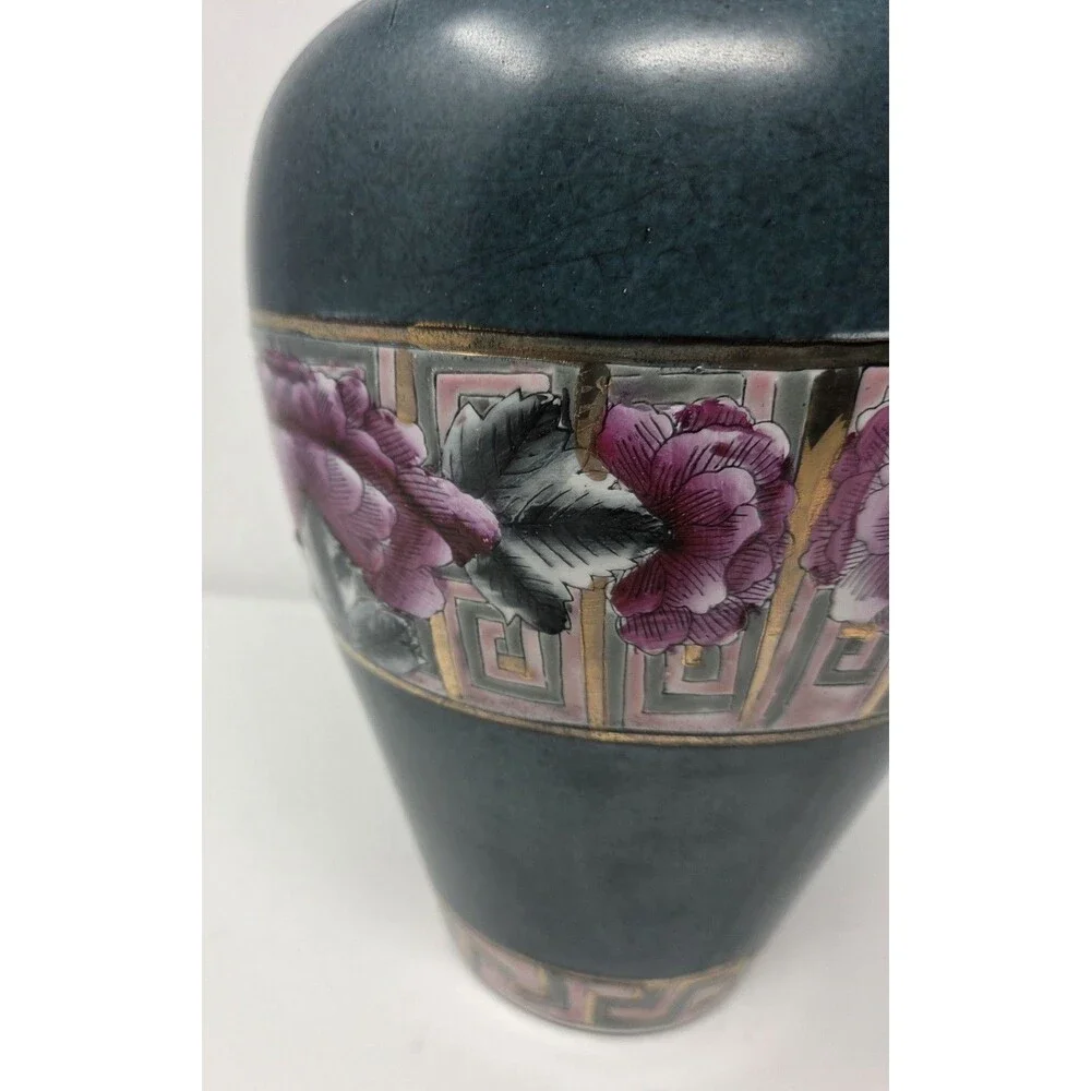 Vintage Japanese Style Porcelain‎ Vase Green Cloisonne Look Pink Floral 10